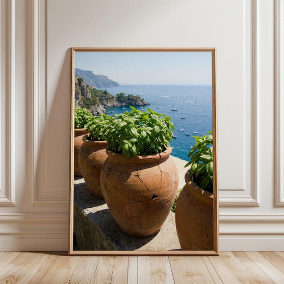 Mediterranean Potted Herbs Print, Italian Coastal Summer Art, Rustic Basil on Stone Terrace, Amalfi Sea View, Farmhouse Wall Decor 30
