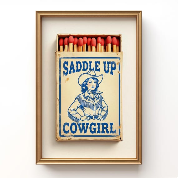 Saddle Up Cowgirl Matchbox Printable Art | cobalt blue toile style | chinoiserie western wall decor | instant download