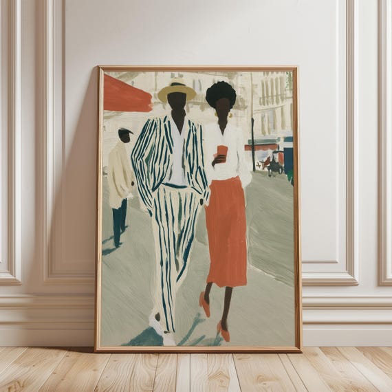Chic Couple Strolling in Paris Painting, Stylish Urban Fashion Wall Art (Digital Download) 403