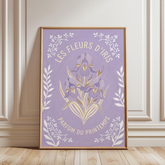 French Iris Botanical Print, Fleurs D'Iris Wall Art - Vintage Floral Poster, Purple Lavender Decor, Farmhouse Cottage Art (Digital Download)