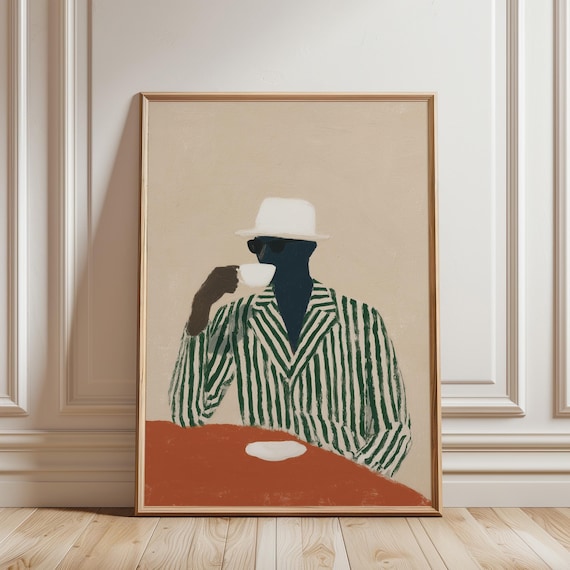 Man With Coffee Cup Art Print, Mid Century Modern Wall Art, Striped Suit Painting, Retro Figure Printable, Afrocentric (Digital Download)