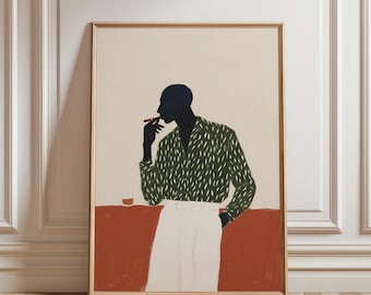 Black Man Smoking Cigar Wall Art Print, Modern Portrait Printable, Terracotta Green Abstract Figure Art, Gentleman Lounge (Digital Download)