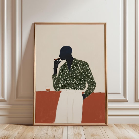 Black Man Smoking Cigar Wall Art Print, Modern Portrait Printable, Terracotta Green Abstract Figure Art, Gentleman Lounge (Digital Download)