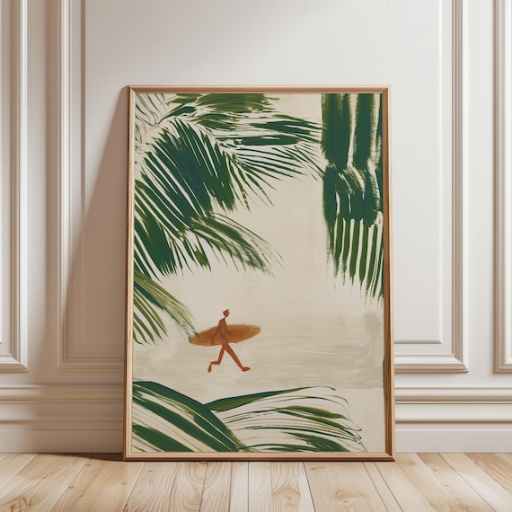 Surfer Silhouette Under Palm Trees, Mid-Century Modern Beach Art (Digital Download) 721