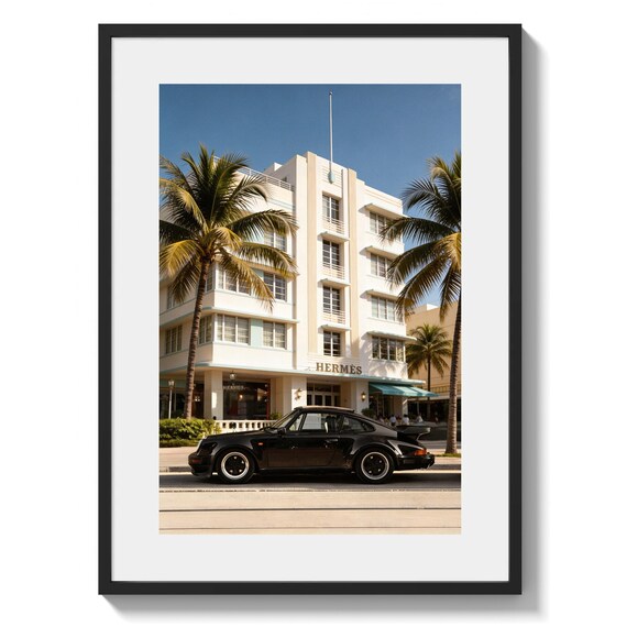 Porsche 911 Turbo Miami Art Deco Ocean Drive, Black Classic 911, Luxury Car Wall Art for Office or Man Cave (Digital download)
