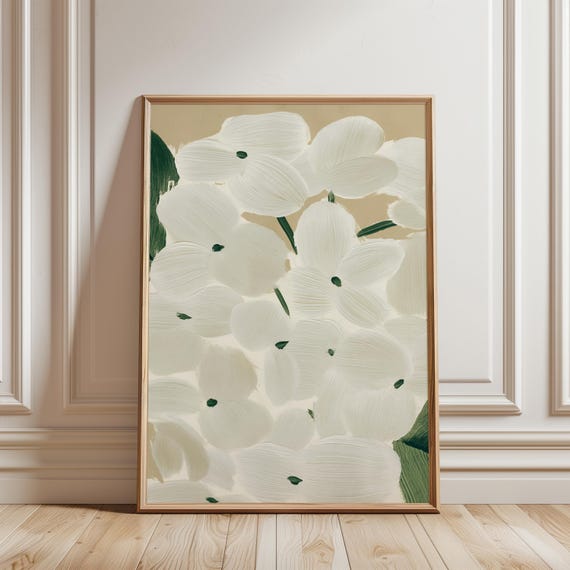 Gouache White Hydrangea Painting, Modern Botanical Wall Art (Digital Download) 258