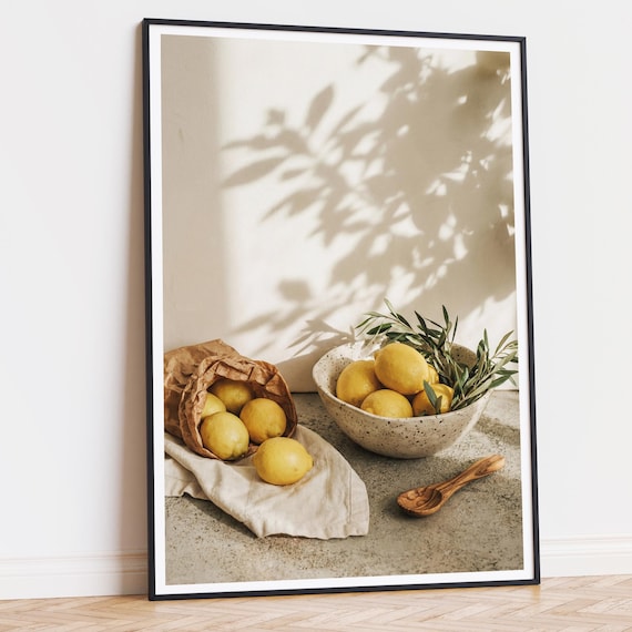 Rustic Lemon Wall Print, Mediterranean Kitchen Still Life, Natural Home Decor
