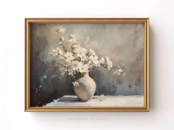 Vintage White Blossom Floral Oil Painting Art Print (Digital Download)