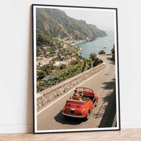 Amalfi Coast Wall Art Printable, Vintage Fiat 500 Poster, Italian Summer Coastal Road Print, Mediterranean Decor