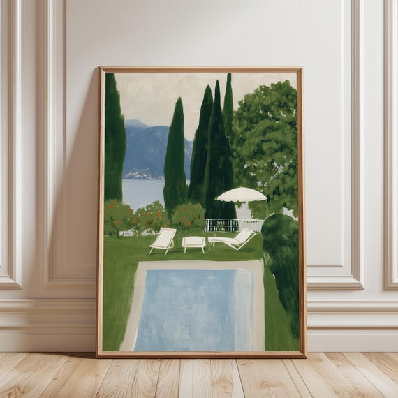 Mediterranean Poolside Scene Painting, Serene Summer Decor, Coastal Vibes Art (Digital Download) 696