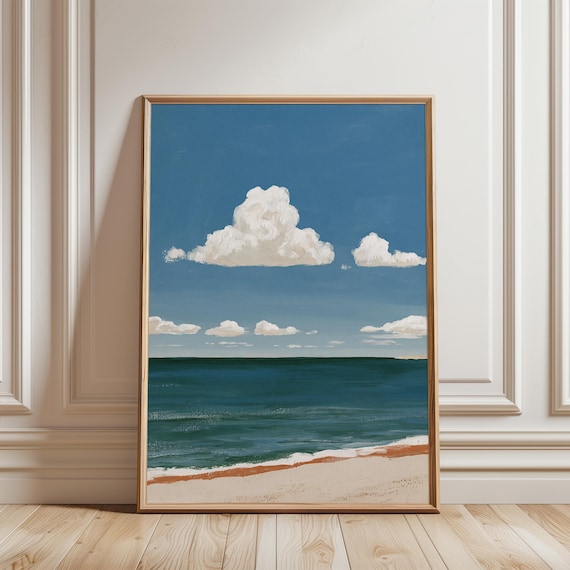 Coastal Cloudscape Gouache Painting, Modern Ocean Wall Art, Serene Beach Decor (Digital Download) 520