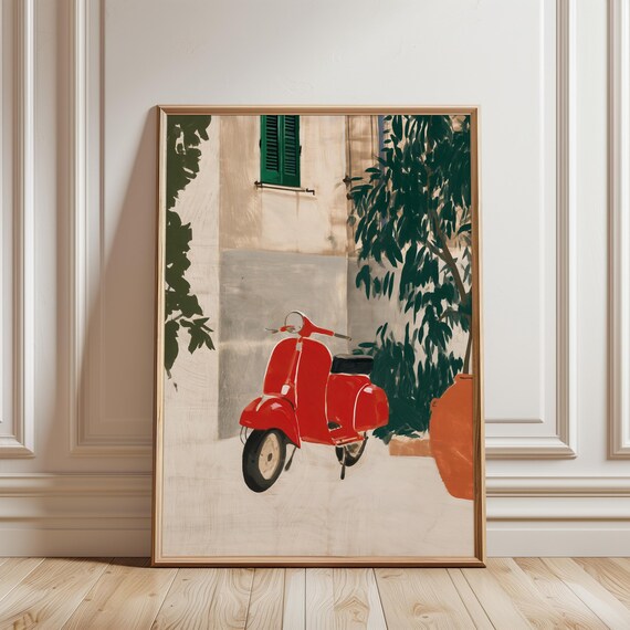 Red Vintage Vespa Scooter Wall Art, Italian Courtyard Painting (Digital Download) 231