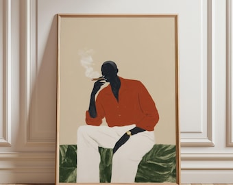 Black Man Smoking Cigar Wall Art Print, African American Gentleman Portrait, Minimalist Fashion Art, Modern Home Decor (Digital Download)