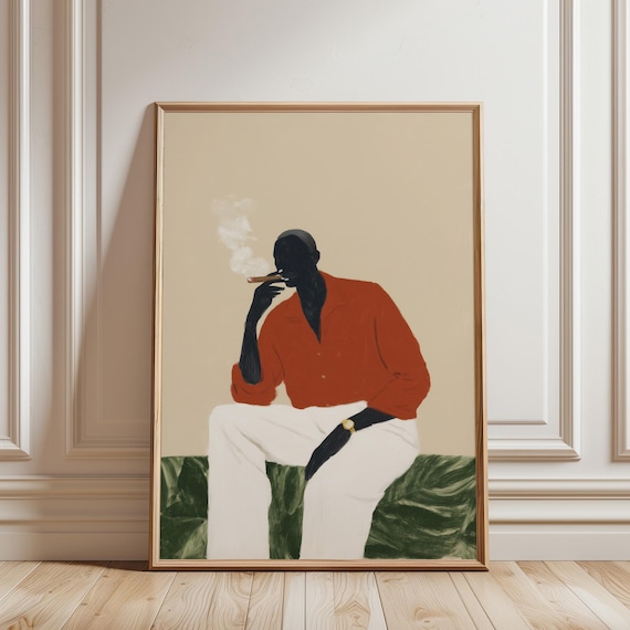 Black Man Smoking Cigar Wall Art Print, African American Gentleman Portrait, Minimalist Fashion Art, Modern Home Decor (Digital Download)
