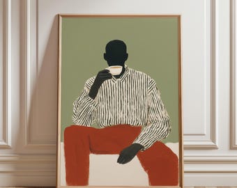 Coffee Lover Wall Art Print, Modern Figure Painting, Minimalist Kitchen Decor, Striped Shirt Man Drinking Coffee Art (Digital Download)