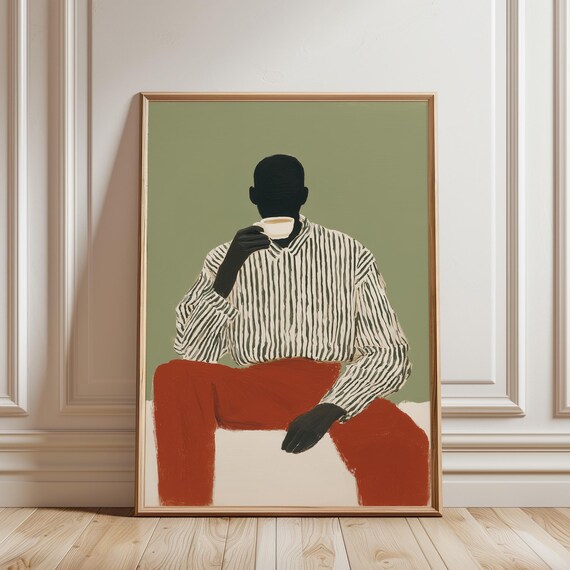 Coffee Lover Wall Art Print, Modern Figure Painting, Minimalist Kitchen Decor, Striped Shirt Man Drinking Coffee Art (Digital Download)
