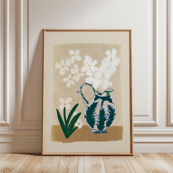 Blue-Green Ceramic Pitcher with White Blossoms, Vintage Botanical Art (Digital Download) 235