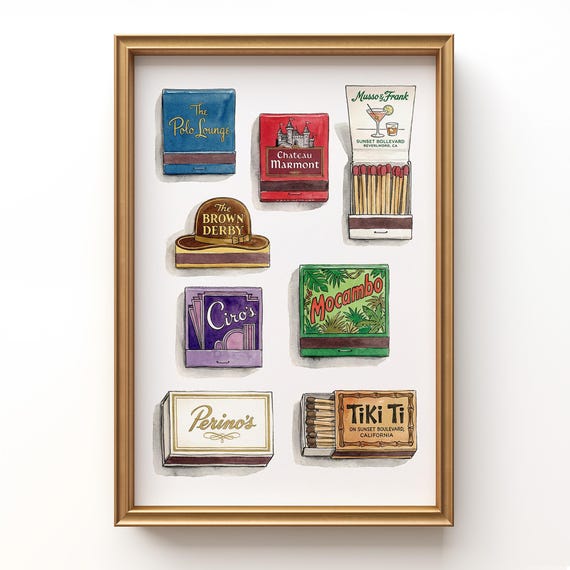 Large matches print colorful mid century style: Vintage matchbook illustration for printable wall art, retro bar, kitchen, or lounge