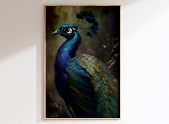 Vintage Peacock Decor | Antique Oil Painting |  Coastal Farmhouse  | Original Bird | PRINTABLE Digital Download | INSTANT download.