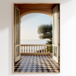 Victorian Mansion Painting, French Riviera Terrace Sea View, Checkered Floor, South of France, Beautiful Era Printable Art