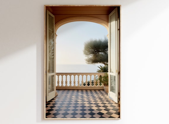 Victorian Mansion Painting, French Riviera Terrace Sea View, Checkered Floor, South of France, Beautiful Era Printable Art