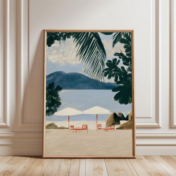 Tropical Seychelles Beach Scene Painting, Coastal Summer Decor Art (Digital Download) 694