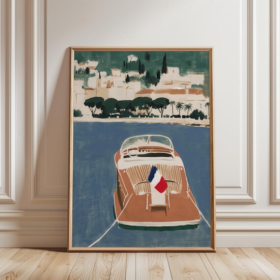 Mediterranean Riva Boat Painting, Vintage Nautical Wall Art (Digital Download) 410
