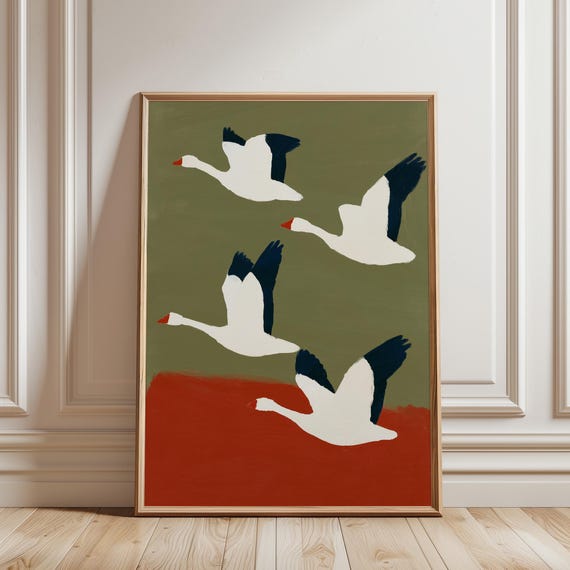 Goose Wall Art Print, Mid Century Modern Birds - Minimalist Sage Green & Terracotta, Vintage Style Printable Wall Art (Digital Download)