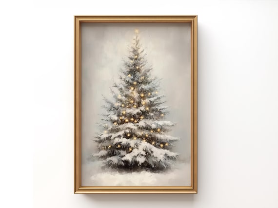 Vintage Christmas Tree Printable | Winter Holiday Wall Art | Neutral Farmhouse Christmas Decor | Printable Christmas Painting