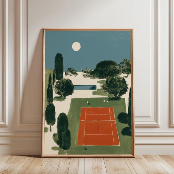 Mediterranean Tennis Court Print – Minimalist Coastal Landscape, Retro Summer Poster (Digital Download)