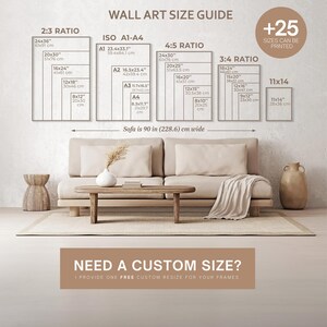 May include: Wall art size guide with various aspect ratios and dimensions in inches and centimeters. Includes 2:3, ISO A1-A4, 4:5, and 3:4 ratios, plus an 11x14 option. The sofa in the image is 90 inches (228.6 cm) wide. Text: Need a custom size?