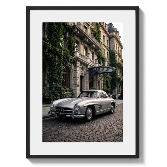 Mercedes 300SL Gullwing Poster, Classic Silver Vintage Car Print, Luxury car, Old Money Aesthetic Decor (digital download)