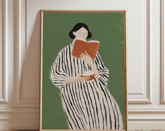 Woman Reading Book Wall Art, Minimalist Art, Sage Green Striped Dress Portrait, Book Lover Gift, Modern Feminine Decor (Digital Download)