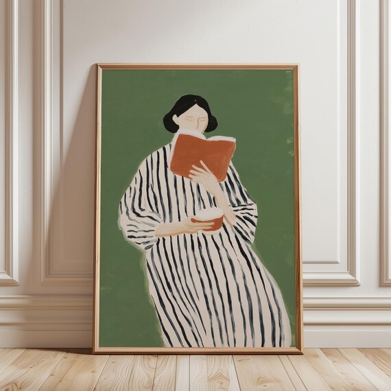 Woman Reading Book Wall Art, Minimalist Art, Sage Green Striped Dress Portrait, Book Lover Gift, Modern Feminine Decor (Digital Download)