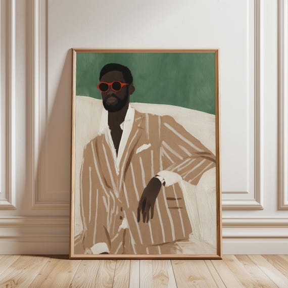 Stylish Black Man in Tan Suit Portrait, Modern Gouache Painting (Digital Download) 543