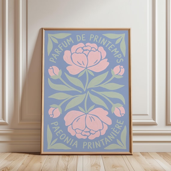 Peony Flower Wall Art Print, French Botanical Poster, Pink Blue Printable, Vintage Floral Decor (Digital Download)