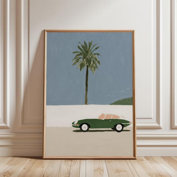 Green Jaguar E-Type, Retro Car with Palm Summer Print (Digital Download) 645