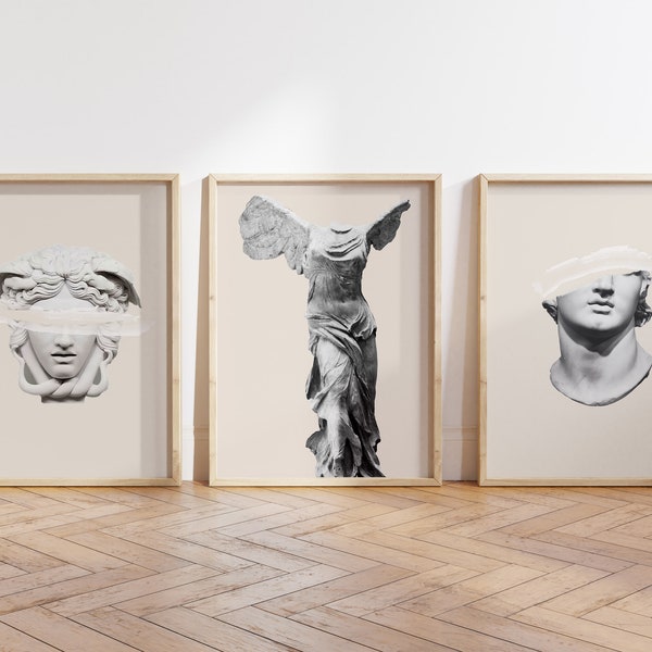 3 Stück Wandkunst, griechische Statue Drucke, Neutrale Kunst, bedruckbar, digitaler Download, Kunst der griechischen Mythologie, ästhetisches Raumdekor, Skulptur.