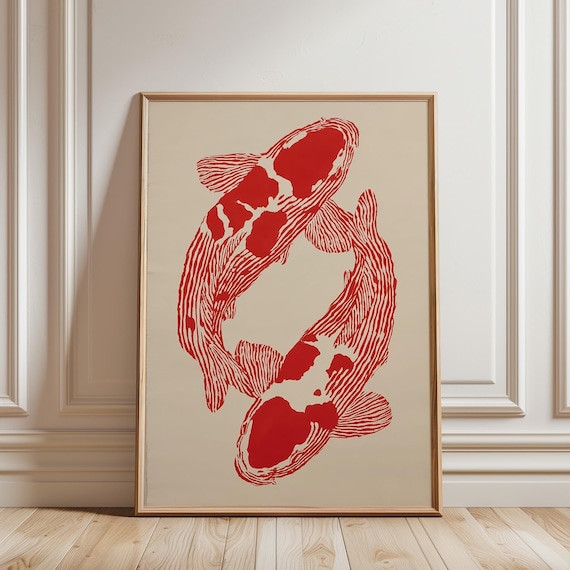 Koi Fish Wall Art Print - Japandi Red Fish Printable, Asian Minimalist Decor, Zen Bathroom Wall Art, Modern Coastal Art (Digital Download)