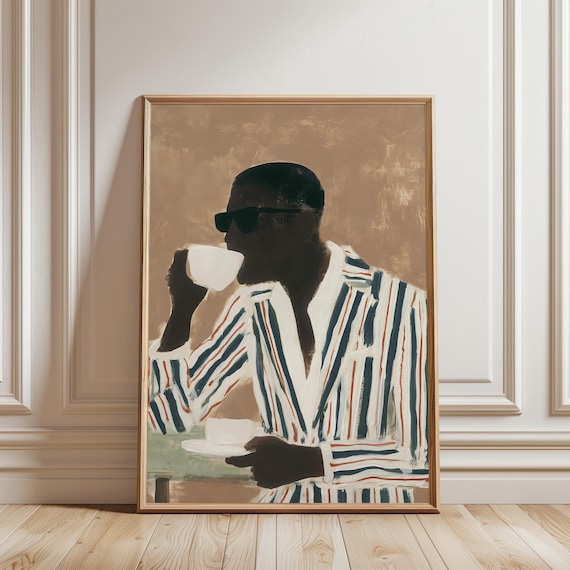 Chic Retro Bllack Man Relaxing with Coffee, Modern Gouache Art Portrait (Digital Download) 299