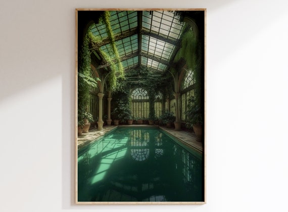 Victorian swimming pool oil painting, Printable Art, Green House, Rustic Victorian Print, Botanical, Mansion, Victorian architecture