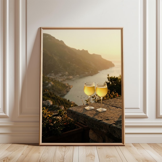 Italian Amalfi Coast Sunset Printable Art - Mediterranean Summer Wall Decor, Romantic Wine Glasses, Coastal Travel Photography 108