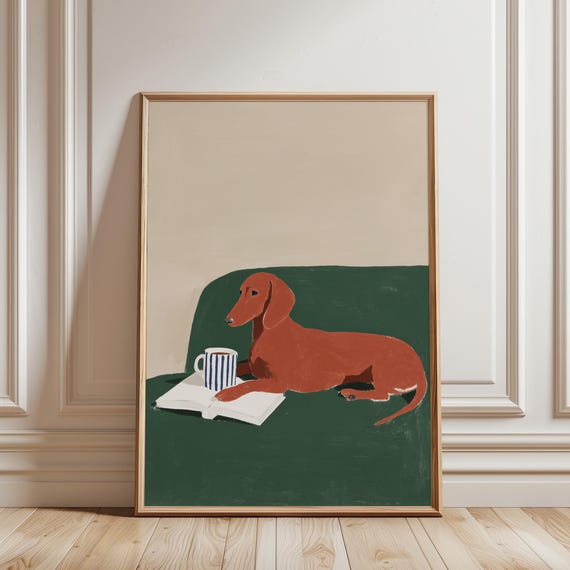 Dachshund Reading Book Wall Art Print, Coffee Dog Illustration, Cozy Living Room Decor, Printable Dog Lover Gift (Digital Download)
