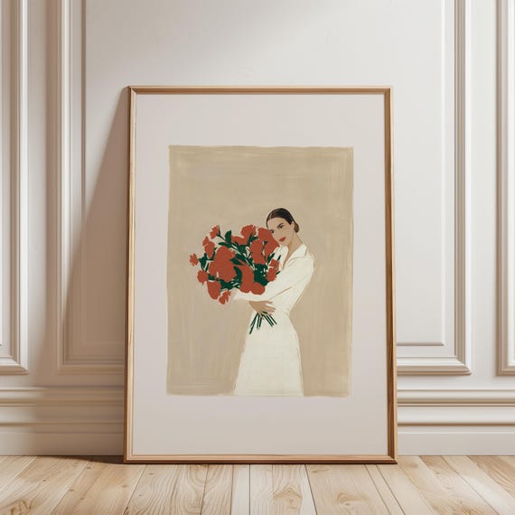 Romantic Woman with Roses Painting, Vintage Minimalist Summer Decor (Digital Download) 622