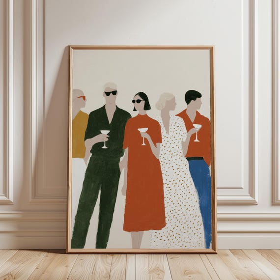 Mid Century Cocktail Party Wall Art Print, Retro People Drinking Martini Poster, Abstract Figures, Modern Bar Decor (Digital Download)