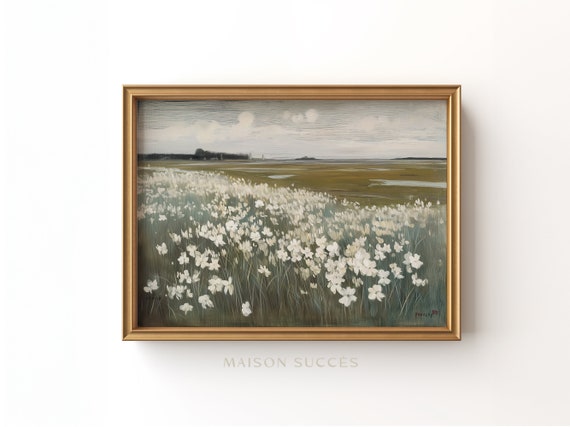 Vintage Meadow Landscape Print | Soft Green Farmhouse Art (Digital Download)