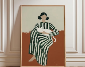 Woman with Cat Art Print, Minimalist Figure Wall Art, Green Striped Dress, Terracotta Print, Modern Feminine Decor (Digital Download)
