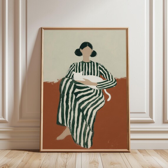 Woman with Cat Art Print, Minimalist Figure Wall Art, Green Striped Dress, Terracotta Print, Modern Feminine Decor (Digital Download)