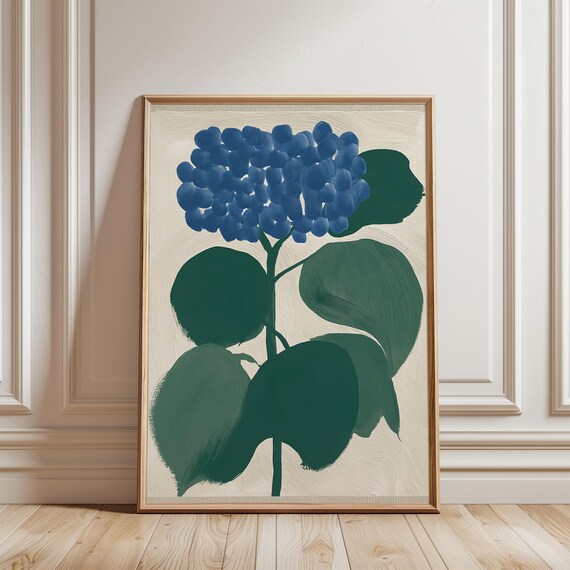 Hydrangea Gouache Illustration, Cozy Cottagecore Wall Art in Blue and Green (Digital Download) 470