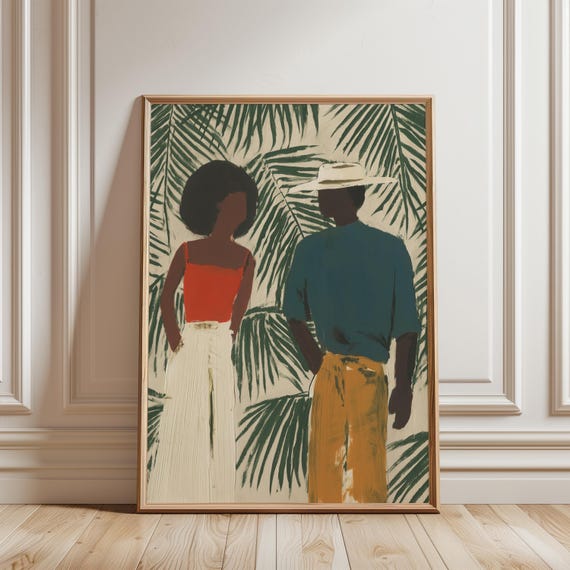 Afro-Bohemian Couple with Tropical Foliage, Warm Island Style Painting (Digital Download) 466